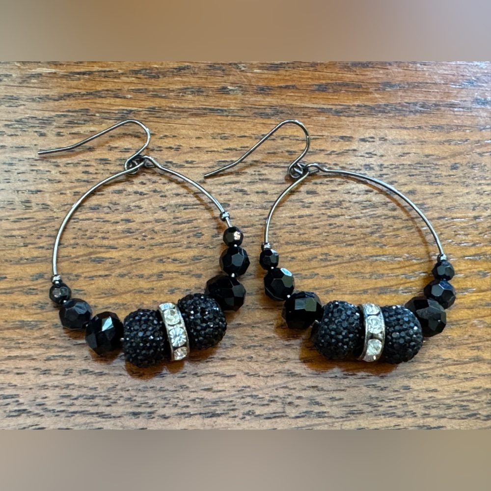 Black Beaded & Rhinestone Hoop Earrings